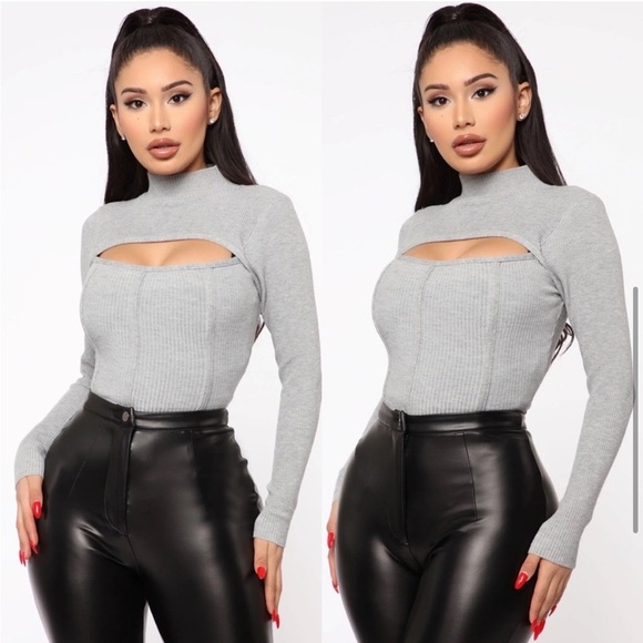 Fashion Nova Back On Top Keyhole Ribbed Mock Neck Sweater in Heather Grey Size M - Picture 3 of 11